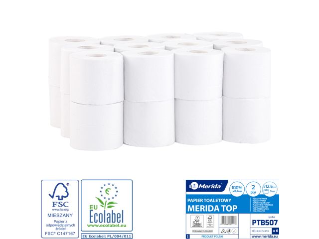 MERIDA TOP roll toilet paper, white, 12.5 cm diameter, 68 m long, 2-ply, 24 rolls/bag, ECOLABEL